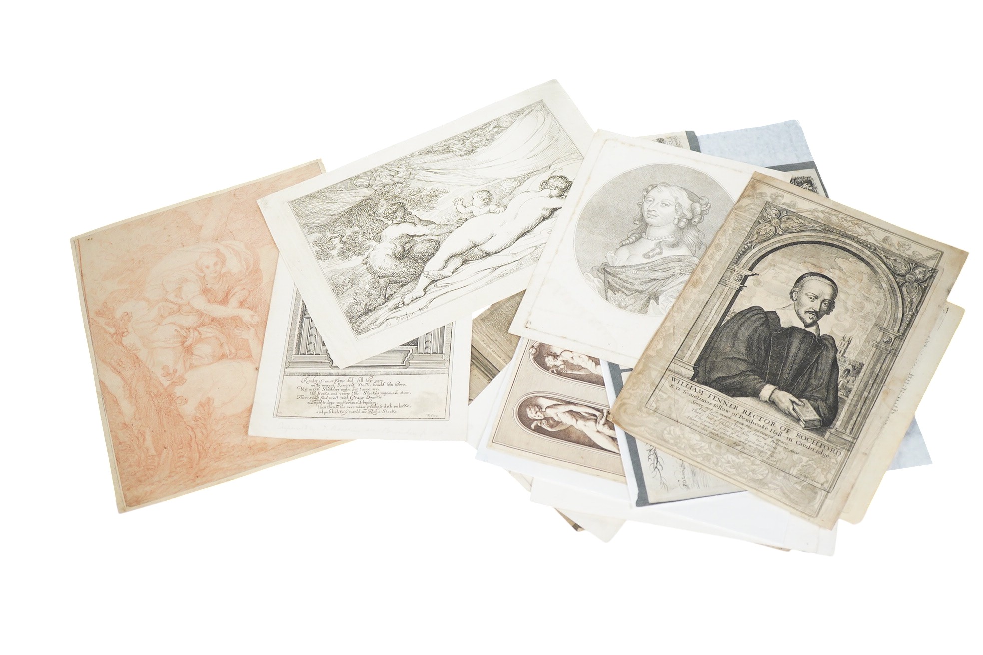 18th century, Old Master school, Classical scene, sanguine chalk on buff paper, together with a collection of early engravings, prints and book plates to include after Wenceslaus Hollar, Portrait of William Fenner, Recto